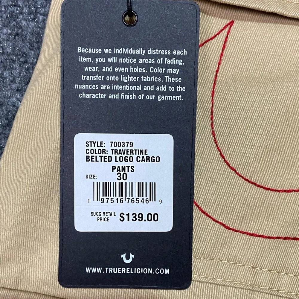 True‎ Religion Men's Size 30X32 Travertine Belted Logo Cargo Pants 700379 NWT